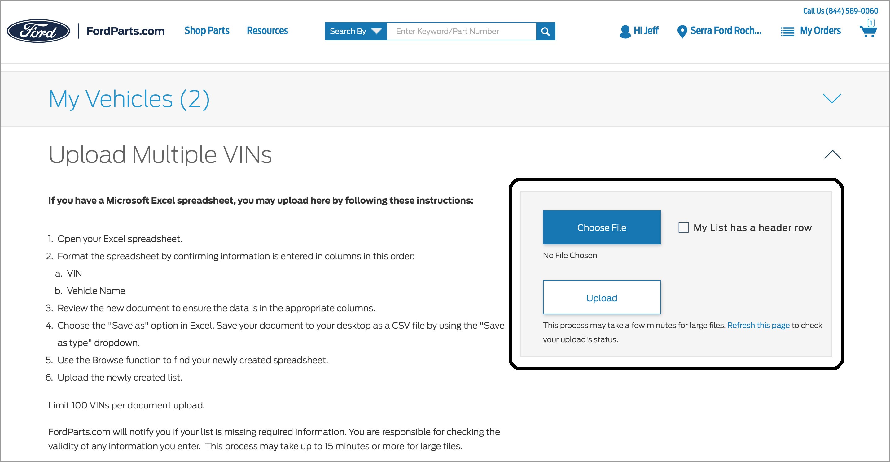 Screenshot showing how to choose and upload an Excel file with VINs